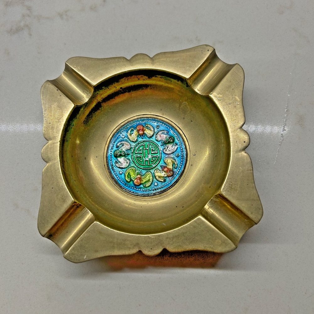 Vintage Brass Ashtray with Enamel Design